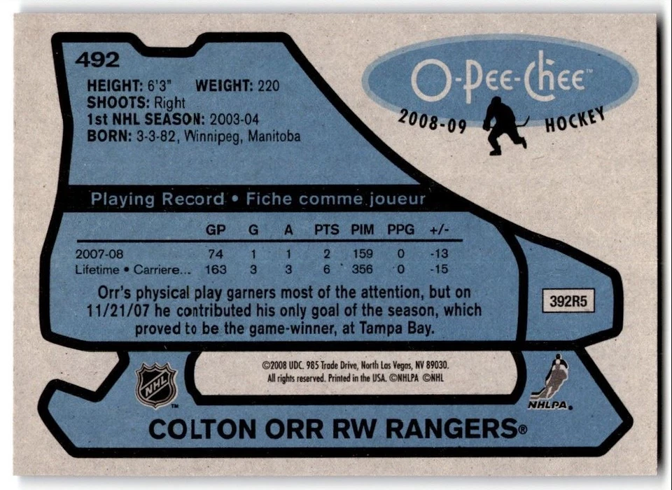 2008-09 O-Pee-Chee '79-80 Retro Colton Orr #492 New York Rangers - Image 2 of 2