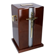 Beautiful Mahogany Wood Casket with Gold Cross and Handles Funeral Ashes Urn