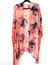 Moss Rose Women’s Peach Floral Kimono OS  Boho Wrap Cover-Up Lightweight