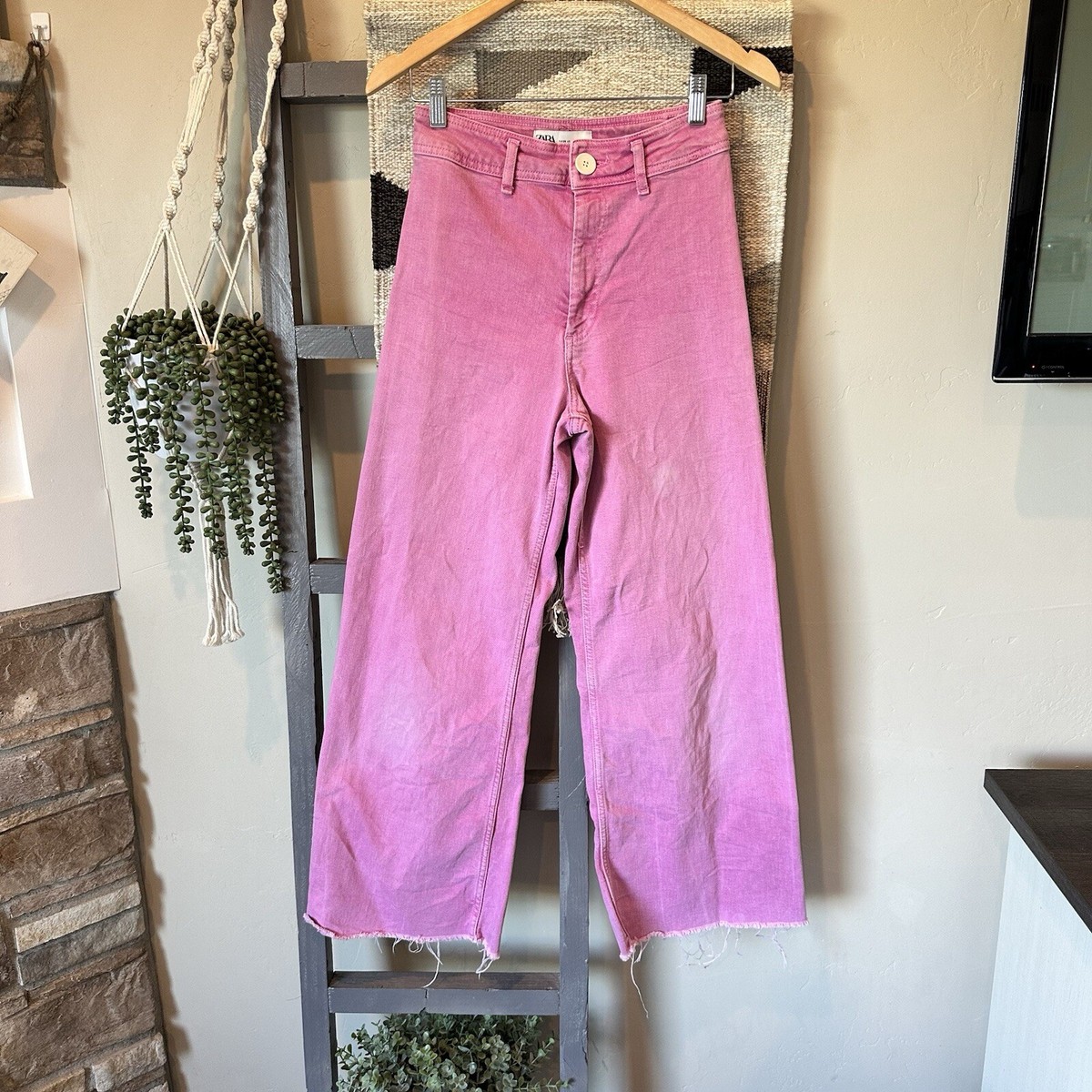 Zara Pink Jeans High Rise Marine Straight Wide Leg Frayed Hem Size