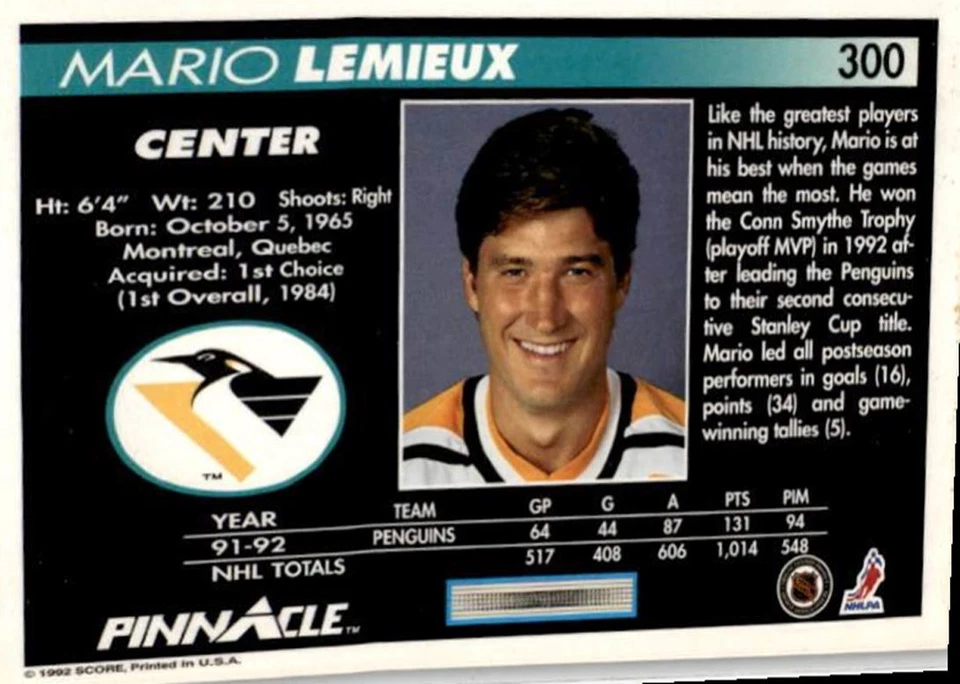 1992-93 Pinnacle Mario Lemieux Pittsburgh Penguins #300 - Image 2 of 2