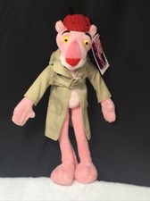 Vintage Plush Bendable Cartoon Pink Panther Stuffed Animal w/ Tan Overcoat Hat
