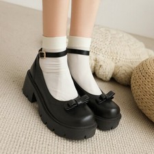 Women Fashion Bow Round Toe Chunky Low Heel Mary Janes Shoes Pumps Buckle Heels