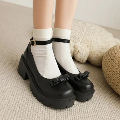 Women Bow Round Toe Lolita Chunky Low Heel Mary Janes Shoes Pumps Buckle Heels eBay