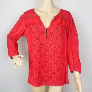 Lucky-Brand-Womens-Blouse-Top-Shirt-Large-Red-Lace-V-Neck-3-4-Sleeve-Casual