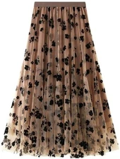 Women's Elastic High Waist Tulle Ruffle Pleated A-Line Swing Midi Skirt