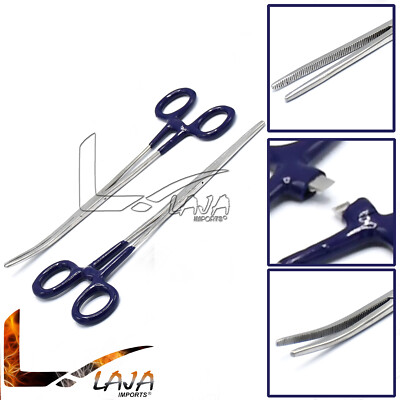 Set of 2 Assorted Color PVC Grip Handle Str & Cvd Hemostat Forcep 8'' Navy Blue