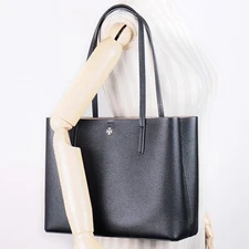 New Tory Burch BLAKE Black Pebbled Leather Medium Center Zip Tote Purse $398