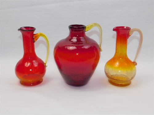 3 Vtg Blenko Amberina Red Tangerine Yellow Crackle Glass Pitchers Cadmium Glow