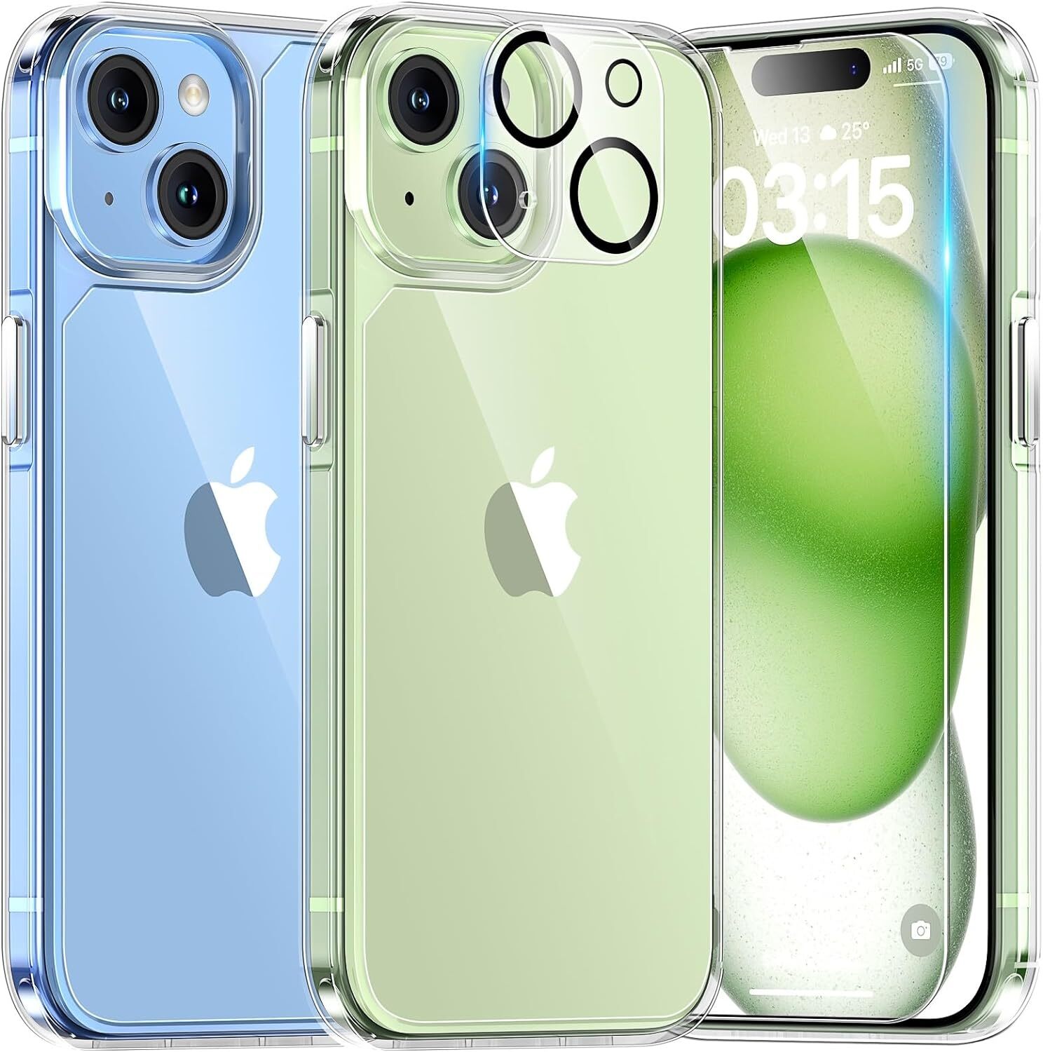 For iPhone 15 Case 5 in 1 1X Clear Case Yellowing with 2X Screen Protector 2X-image