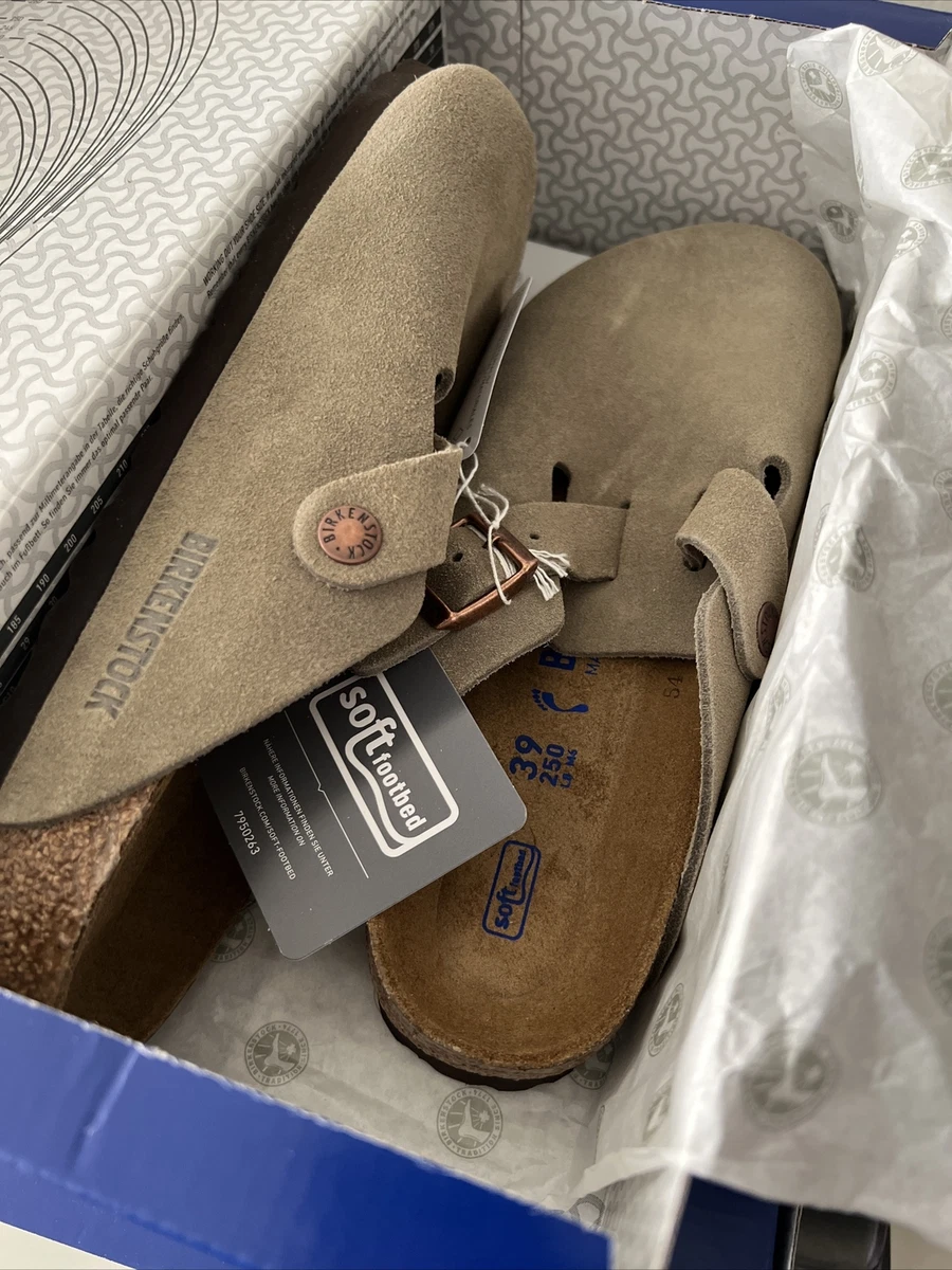 NEW Birkenstock Boston Suede Clogs, Soft Footbed, Narrow Taupe 39