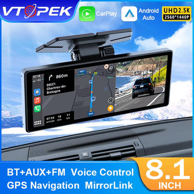 Vtopek 8.1  2.5K Dash Cam Wireless CarPlay Android Auto WiFi GPS Rearview Mirror