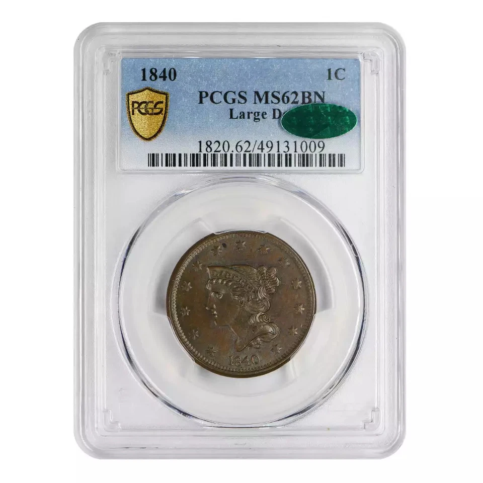 1840 Braided Hair Large Cent PCGS MS62 BN Large Date CAC - Image 3 of 4