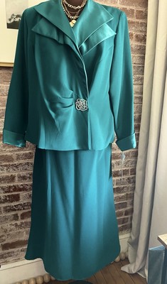 New! Bahari Formal Wedding Green Jacket & Long Skirt Suit Set Flower Brooch 18WP