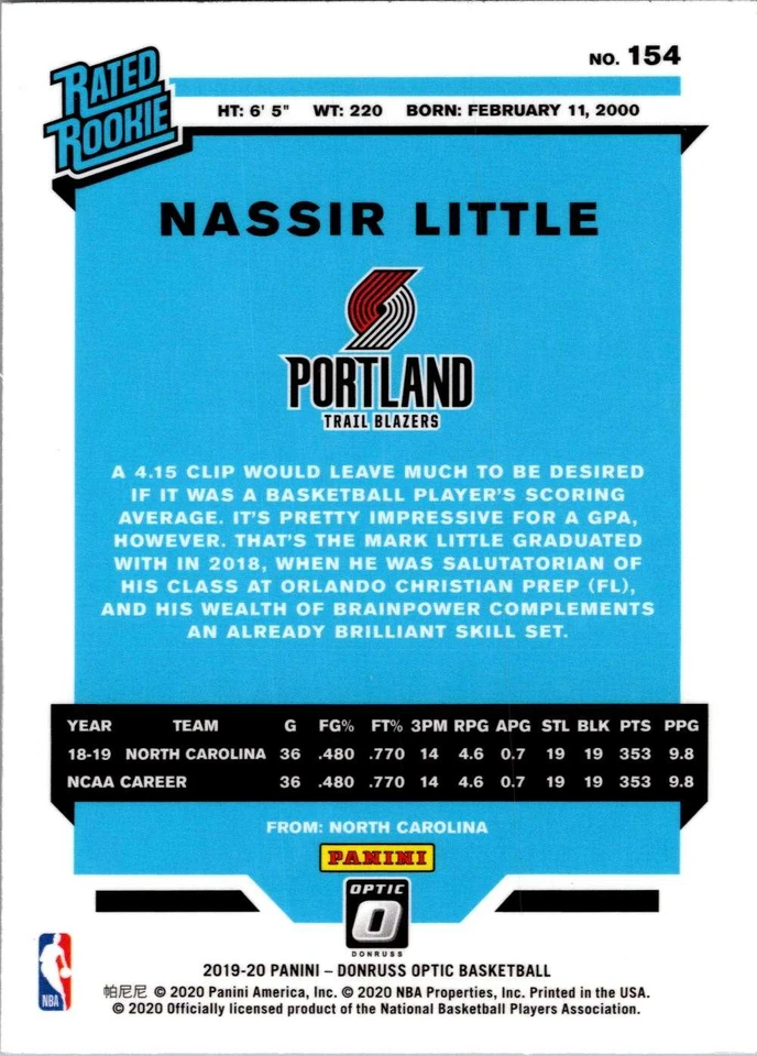 Nassir Little #154 2019-20 Donruss Optic Rookie Portland Trail Blazers MBKC#130 - Image 2 of 2