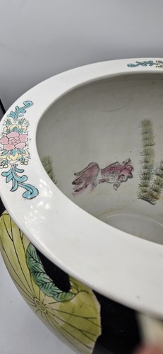 Vintage Hand Painted Floral Chinese Koi Fish Bowl Planter Pot Jardiniere - Picture 3 of 21