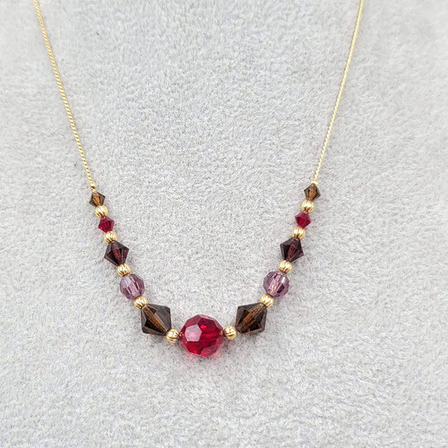 Red Brown Purple Crystal Bead Necklace Gold tone Chain 16"-19"