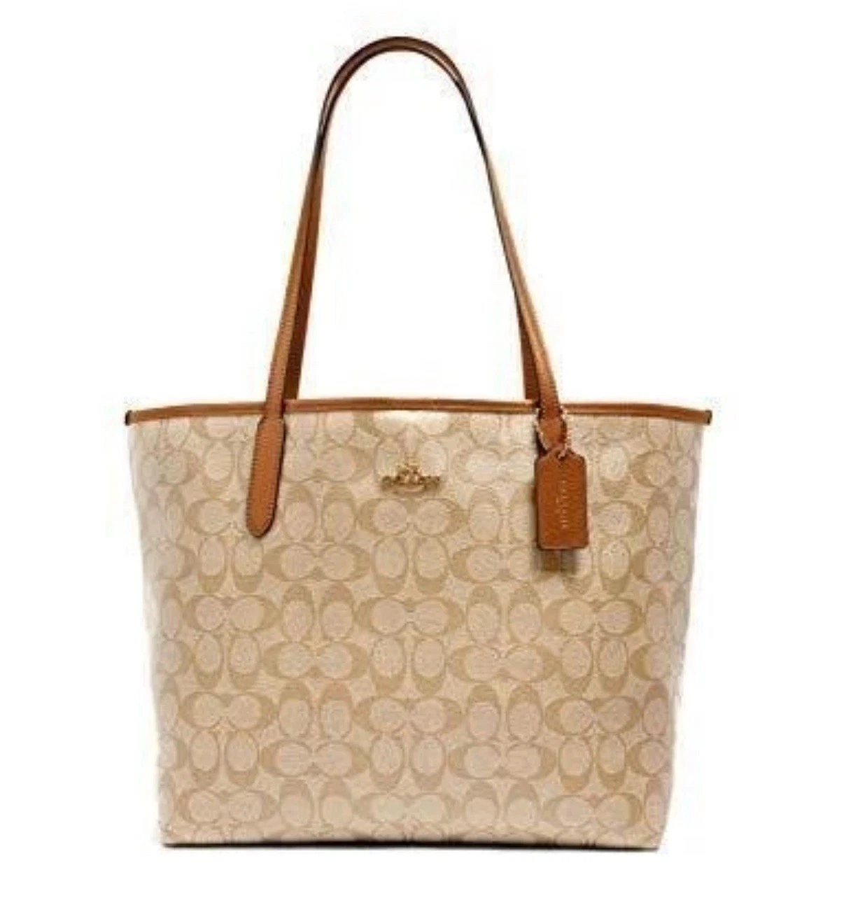 Sella Coach City Tote nuova con etichette in tela kaki chiaro firmata bordo in pelle 5696