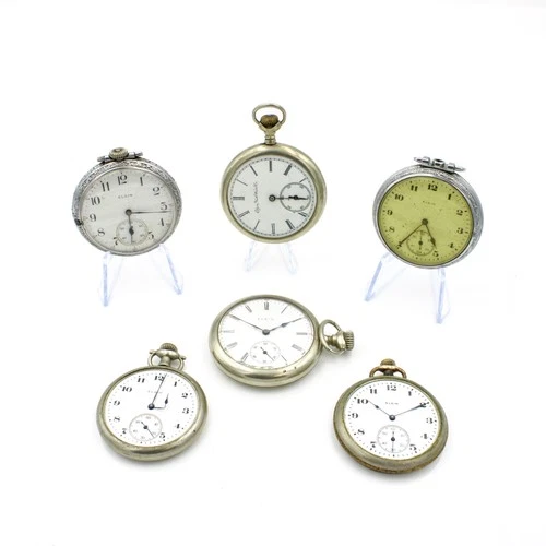 Antique Elgins 7j 12 to 16s Open Face Mens Pocket Watches Lot of 6 #WB4231-5