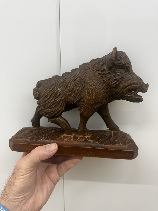 Black Forest Detailed Hand Carved Wooden Wild Boar Sculpture Germany Glass Eyes