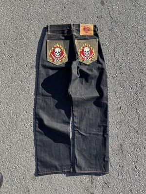 Ed Hardy Black Denim Jeans Skull Embroidered Straight Leg Art Theme Regular Fit
