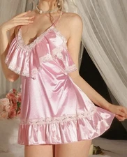 Adorable Glossy Lacy Ruffled Pink Satin Nighty Nightgown Lingerie Set XL NEW