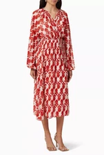 New $585 RHODE Lia Thistle Aura Wrap Medium Midi Dress Red White Floral Print