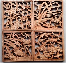 A Set of 4 Chinese Hand Carved “梅兰竹菊” Statue Camphor Wood Square Wall Sculpture
