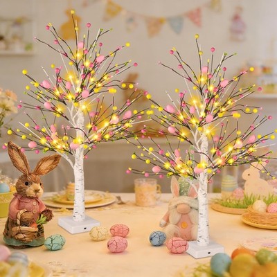 kemooie Easter Decorations, 2 Pcs Pre-lit 24 Inch Pink/White/Brown/Green 