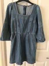 Women’s Blue Denim Cotton Playsuit Square Neck 3/4 Puff Sleeves Zip Pockets