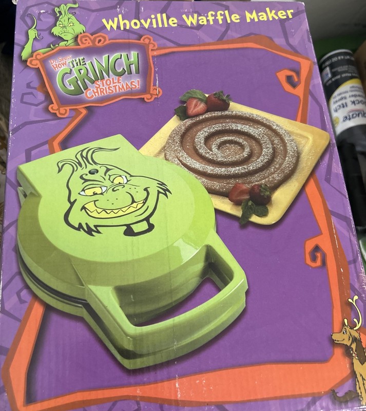 Grinch Christmas Whoville Green Waffle Maker Dr Seuss Holiday Kitchen- Open Box