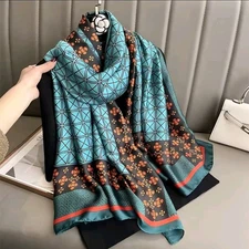 Elegant Geometric Floral Print Scarf – Turquoise, Black & Orange – Silk Feel