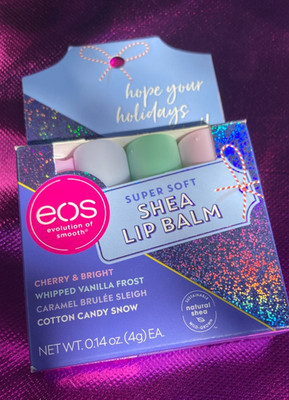 EOS Holiday Set Super Soft Shea Lip Balm 4 Pack Cherry-Vanilla-Caramel-Candy