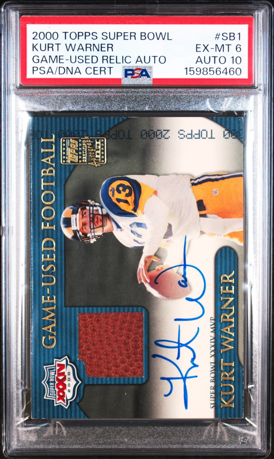 2000 TOPPS SUPER BOWL GAME-USED RELIC AUTO #SB1 KURT WARNER PSA 6 AUTO 10