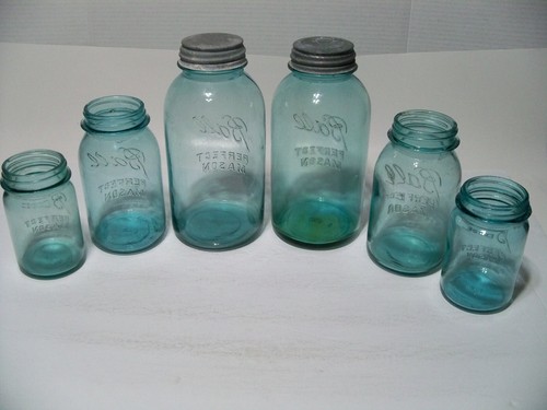 Ball Perfect Mason Set of 6 Jars, 3 Sizes, 1923-1933, Blue Aqua Canning - Picture 17 of 24