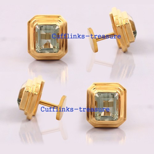 Natural Green Amethyst Stones 925 Solid Silver Gold Plated Tuxedo Buttons set #7 - Picture 3 of 6