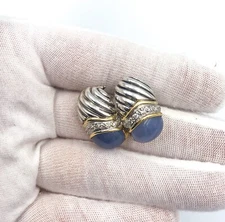 David Yurman Blue Chalcedony Diamond 18K Gold & Sterling Clip Earrings