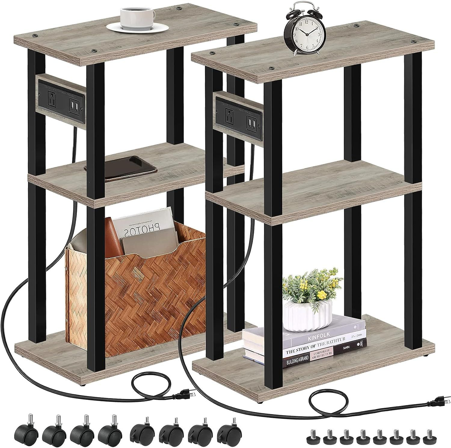 TUTOTAK 2-Pack Narrow Side Tables with USB Charging Station in Greige