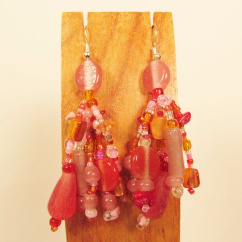 2" Pink Multi Color Mixed Bead Bohemian Style Handmade Dangle Seed Bead Earring - Afbeelding 1 van 4