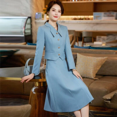 Blue Business Blazer Long Skirt Suit Women Fashion Work Wear