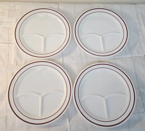 Set 4 Vintage CORNING Pyrex 9.5” Restaurant Dinner Plates Red Double Stripe Rim