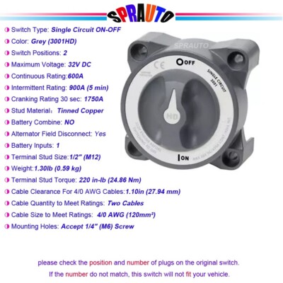 Marine Boat Battery Switch Single Circuit ON/OFF w/AFD 32V 600A 3001 HD-Series