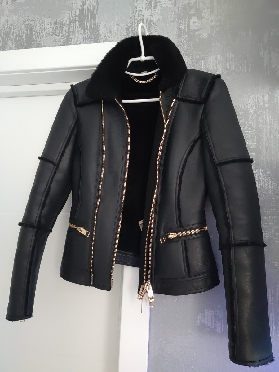 Burberry London Black Lamb Shearling Leather Bomber Zip