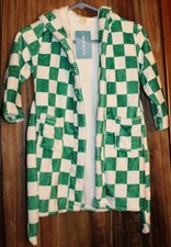 Kids Hooded Plush Green White Checkered Bathrobe w/ Belt New Size 3T