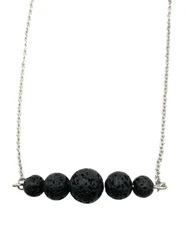 Black Round Nature Lava Rock Graduated Beads Aromatherapy Pendant Necklace 20"