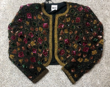 Vtg Leslie Fay 80 s Silk Crop Jacket Black Gold Beaded Multicolor Sequin