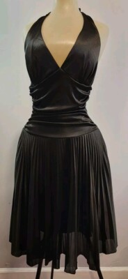 Black Shiny Satin Fit And Flair Maxi Pleated Prof Dancer Style Dress Sz M V-Neck