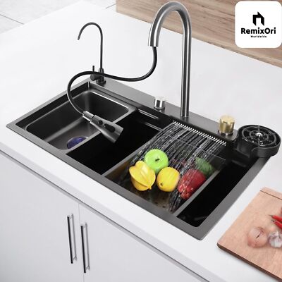 Waterfall Kitchen Sink Workstation Stainless Steel 29.5'' Single Bowl Black Basin