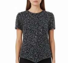 Papell Boutique Womens Black 100 Silk Beaded Embellished Evening Top Size S