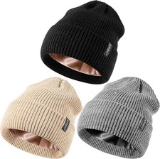 3 Pack Satin Lined Beanie for Women Men, Silk Lined Winter Hats for Cold Weather